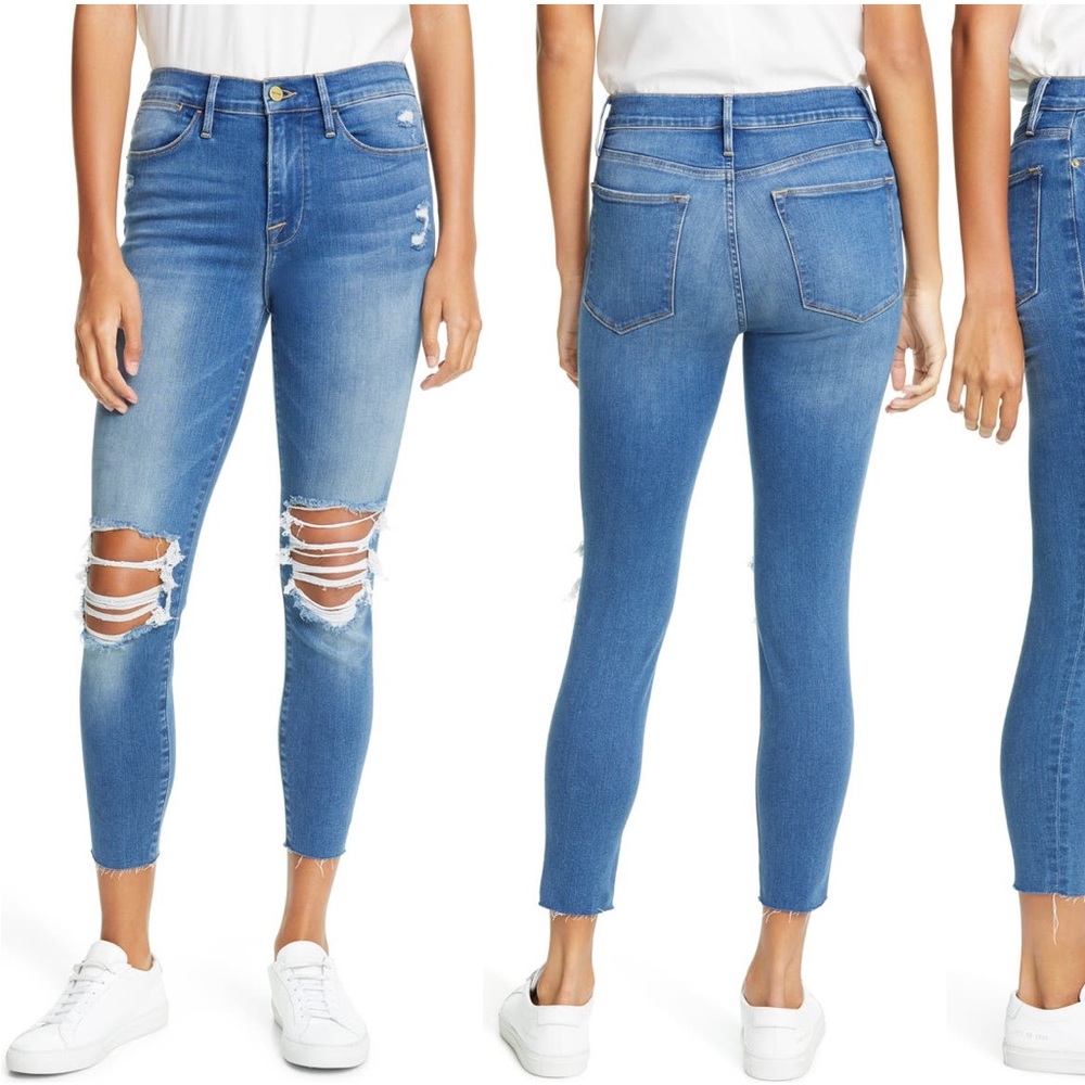 FRAME Le High Ripped High Waist Raw Hem Crop Skinny Jeans